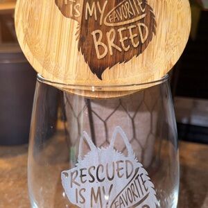 Mini Bamboo Board w/matching stemless wine glass Rescue is my Favorite breed.